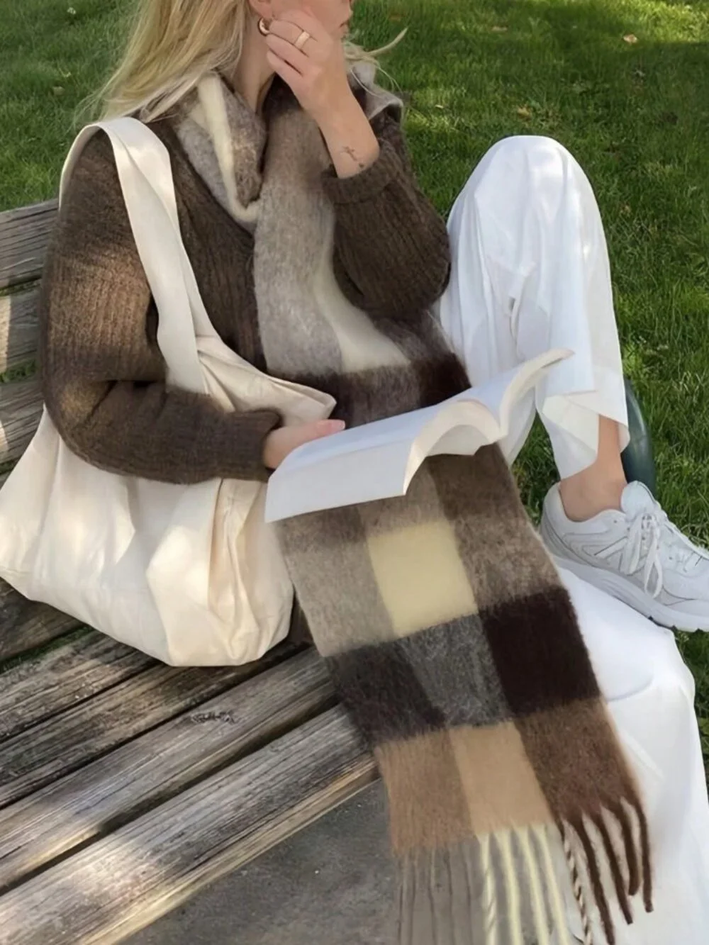 Cozy Warm Plaid Women's oblong tassel Fuzzy Scarf
